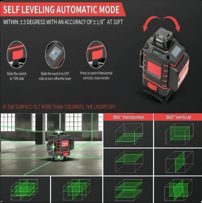 Professional Outdoor Green Line Laser Level with Horizontal & Vertical Lines Precise Automatic Calibration Contractor-Grade Tool for Construction & Gardening